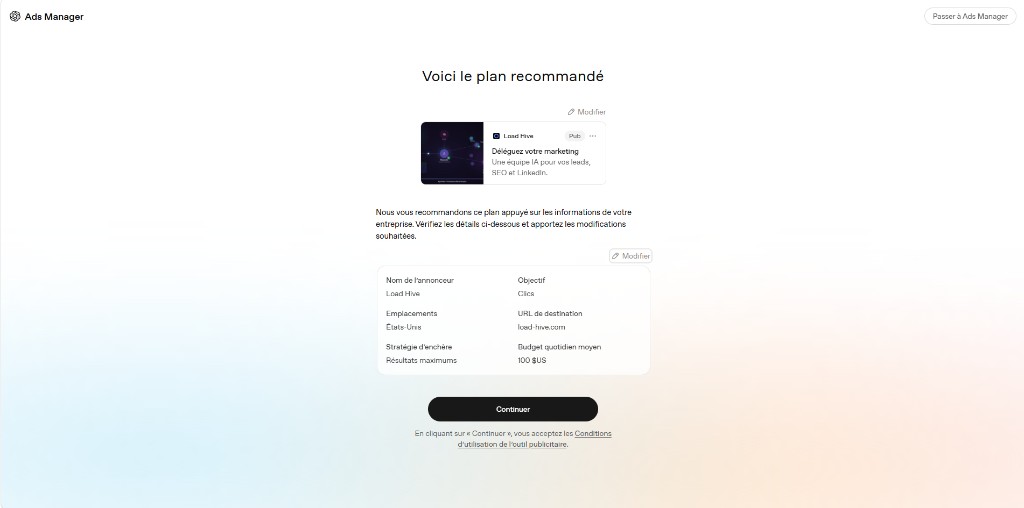 Écran de ChatGPT Ads Manager montrant le plan recommandé pour une campagne Load Hive